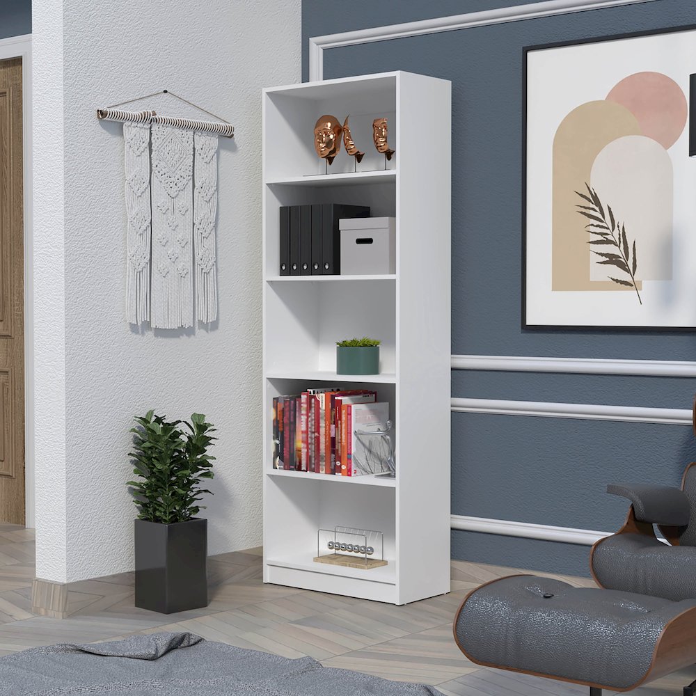 Sutton 4 Shelves Bookcase with Modern Storage Shelves, White. Picture 4