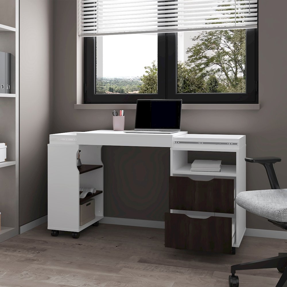Loris Extendable Desk with Two Drawers, Open Shelves, and Sliding Mechanism. Picture 5