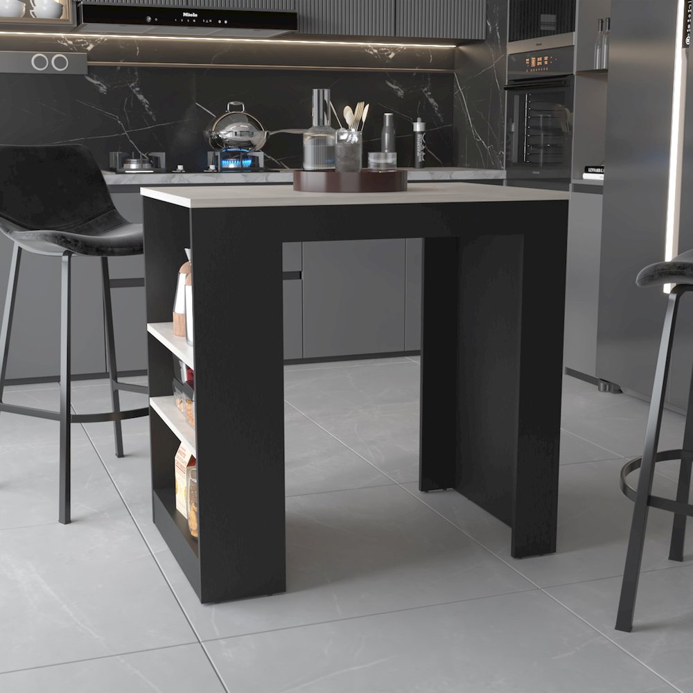 Harlan Kitchen Island, Counter Height Table Top with 3-Side Shelf. Picture 7