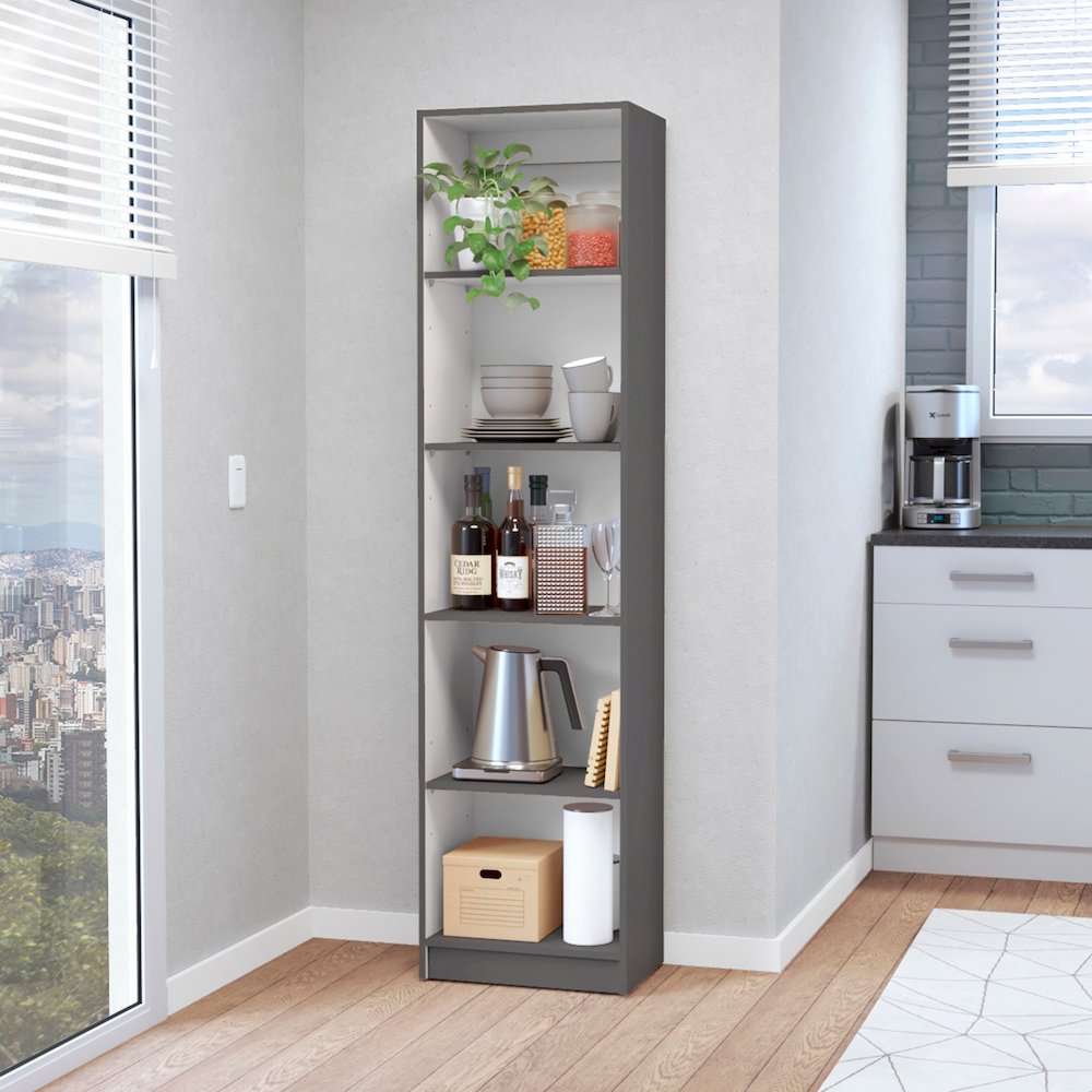 Sutton Slim Bookcase with Modern 5-Shelf Design, Matt Gray / White. Picture 3