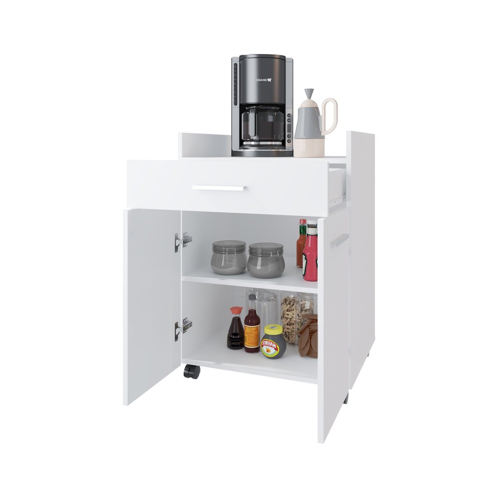 Burnside Kitchen Cart with 2 Doors and 1 Drawer, White. Picture 8