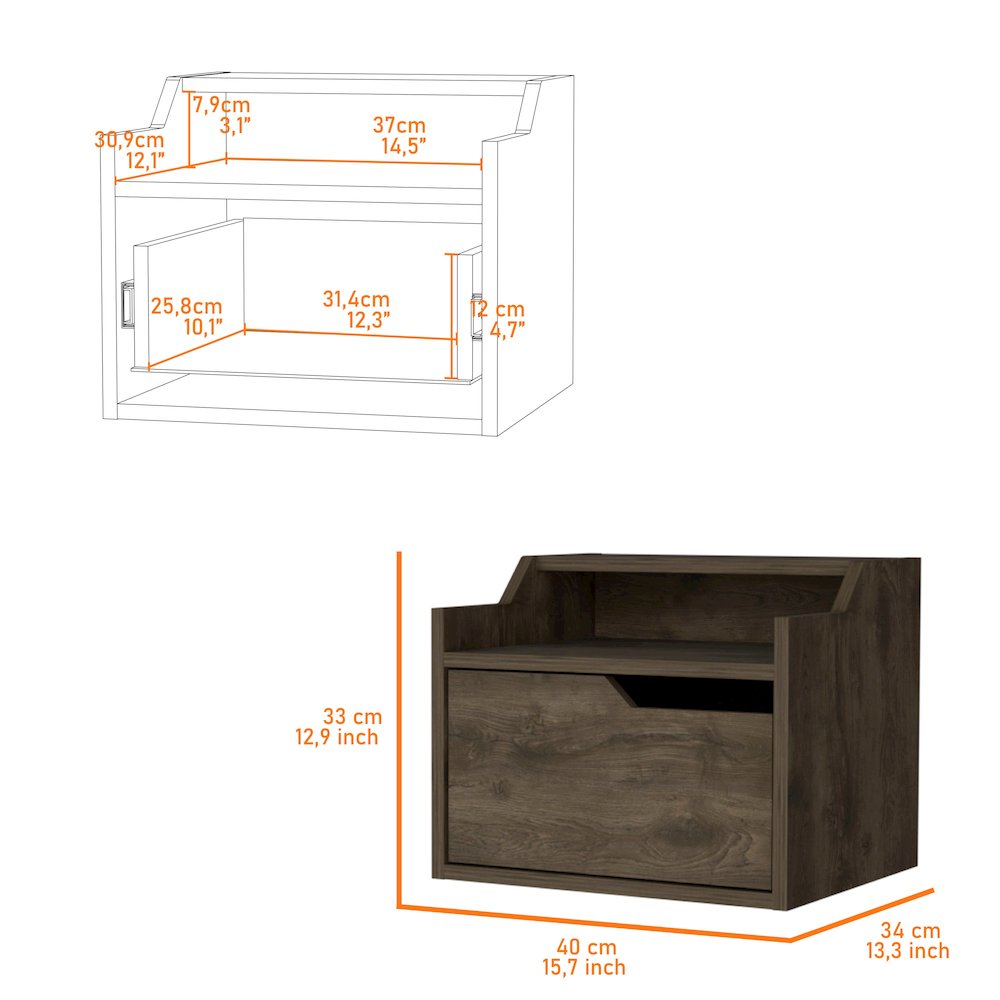 Florence Floating Nightstand with Drawer and Dual-Shelf Display, Dark Brown. Picture 2