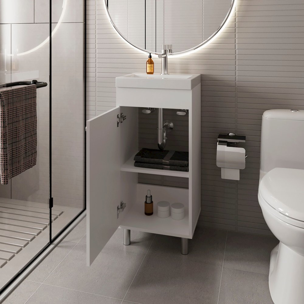 Oracle Bathroom Vanity, Single Door, Two Storage Shelves, White. Picture 3