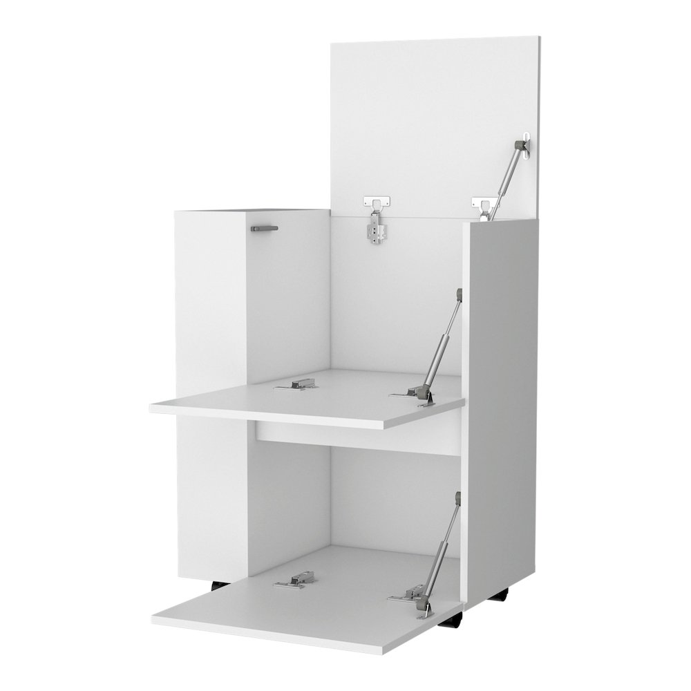 Logan Bar Cart with Two Cabinets and Open Shelves, White. Picture 3