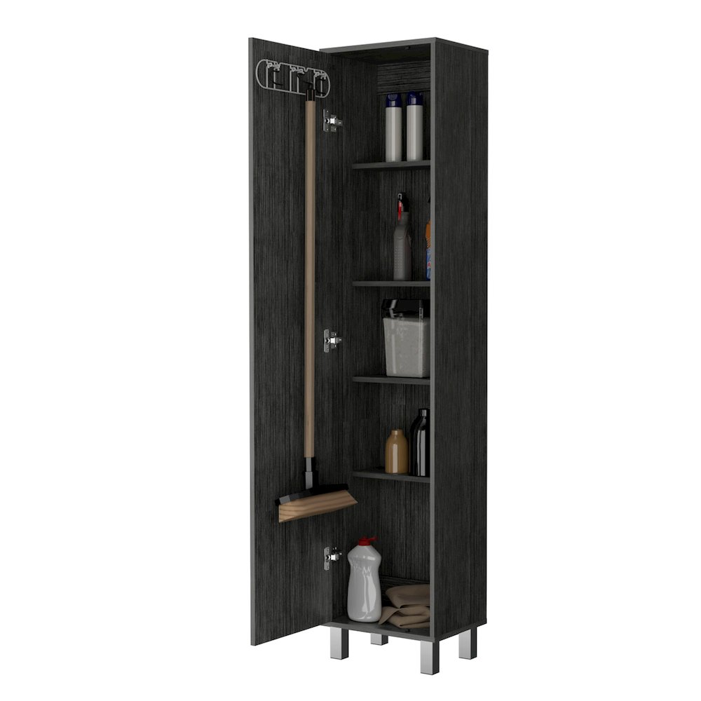 Lawen Tall Storage Cabinet, Single Door, 3 Broom Hangers ,Smokey Oak. Picture 7