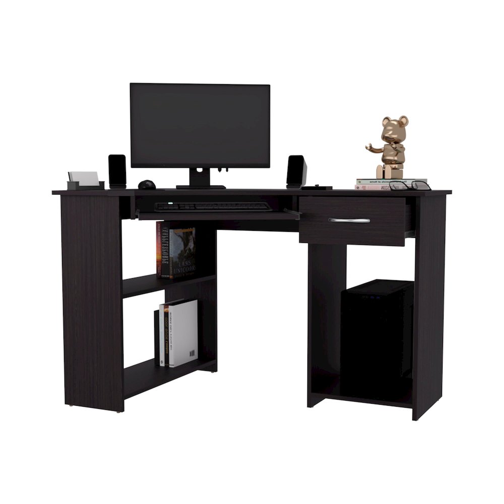 Corner Computer Desk, L-Shaped Home Office Desk with Drawer, Shelves. Picture 7