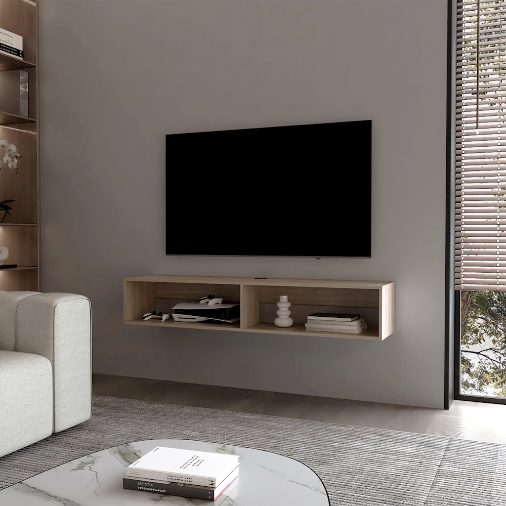 Central Floating media rack in melamine with two shelves,white oak. Picture 3