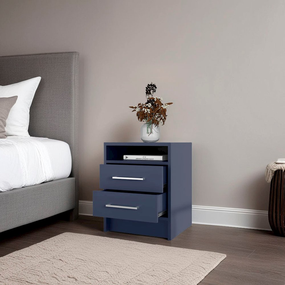LEE JA Nightstand, 2 Drawers, Open Shelf, Modern Bedroom Storage, Kronos Blue. Picture 3