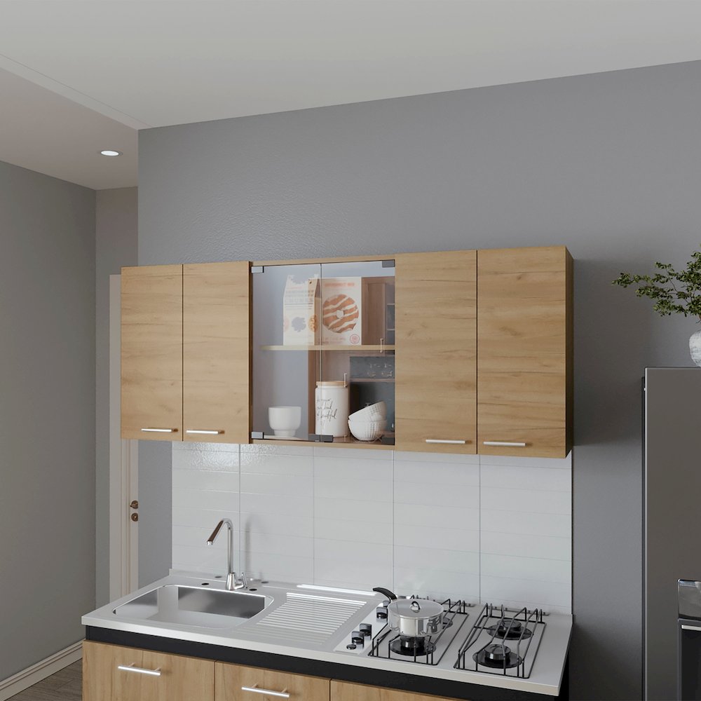 Wall Cabinet kitchen in Melamine wit 4 Doors  and Glass Storage, Natural Oak. Picture 4