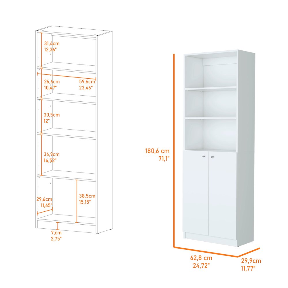 Sutton 2-Door Bookcase, Storage with Multi-Level Shelves, White. Picture 2