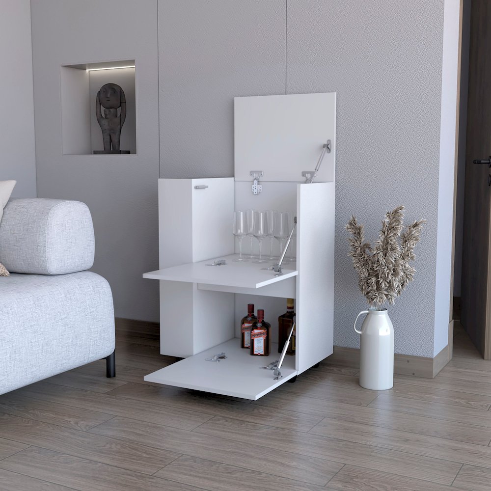 Logan Bar Cart with Two Cabinets and Open Shelves, White. Picture 5