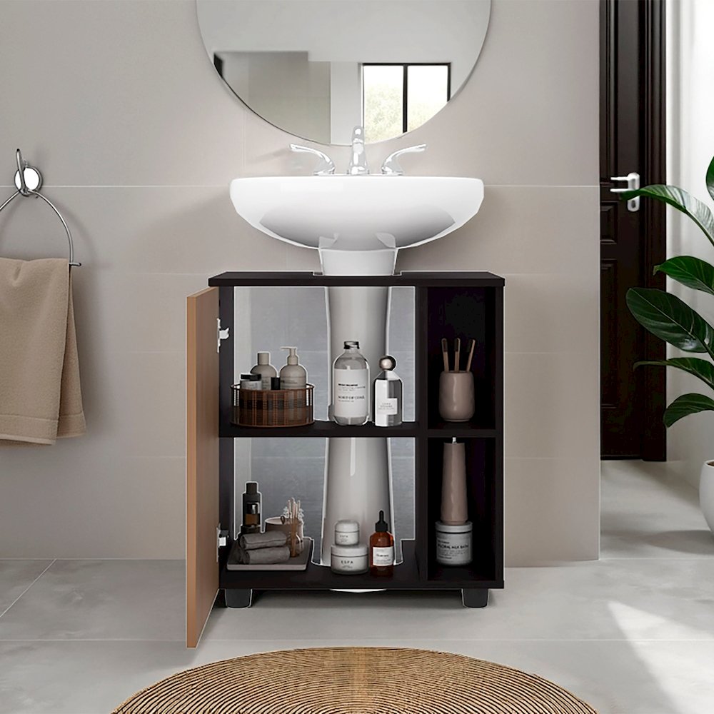 Under Pedestal Sink Cabinet, 1 Door, 5 Open Compartments, Wenge and Natural Oak. Picture 4