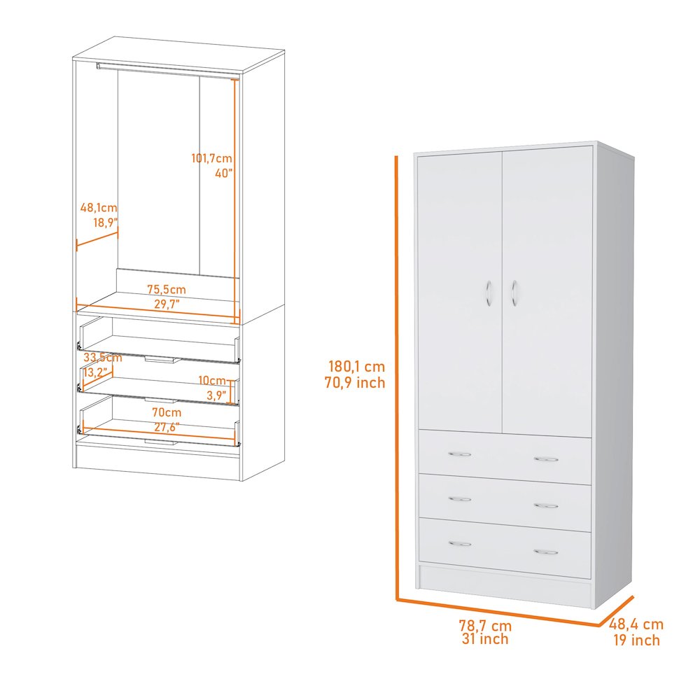 Prescott Armoire, with 2 doors, 3 drawers and 1 hanging rod, White. Picture 2