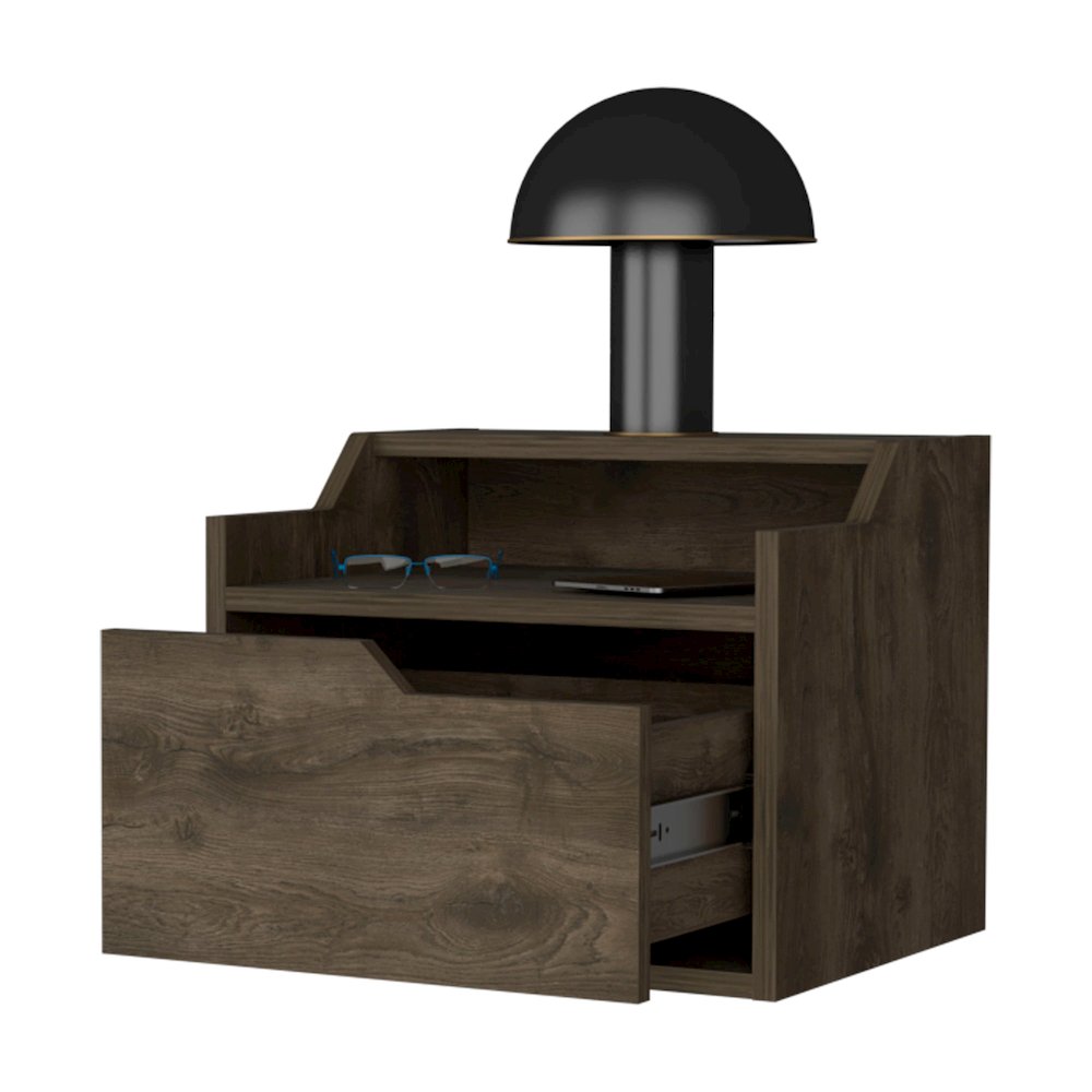 Florence Floating Nightstand with Drawer and Dual-Shelf Display, Dark Brown. Picture 7
