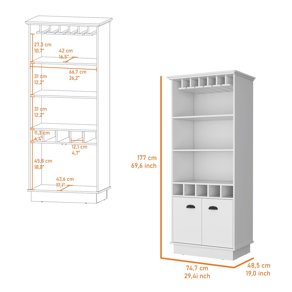 Sophia Bar Cabinet with Glassware Rack and Five Bottle Racks, White. Picture 2