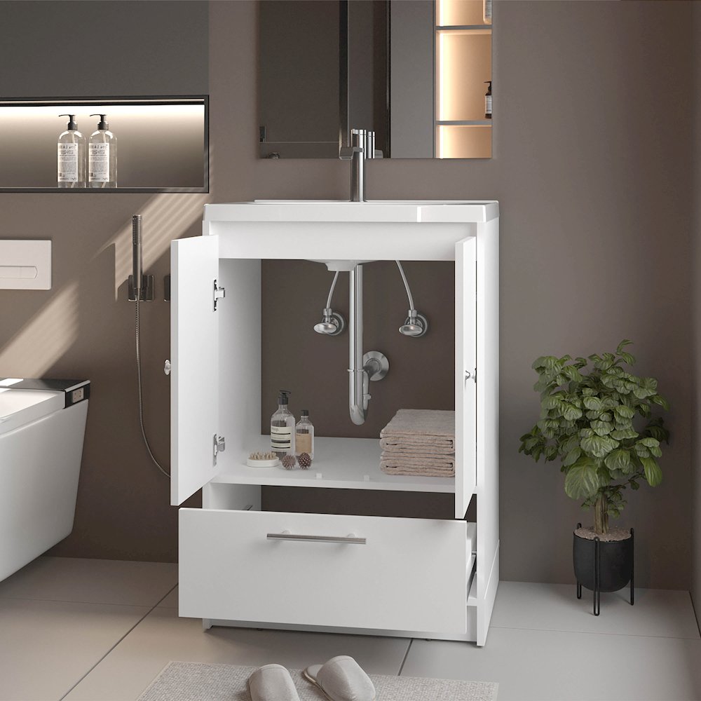 Freestanding Bathroom Vanity with Sink, Two Doors and Bottom Drawer, White. Picture 3