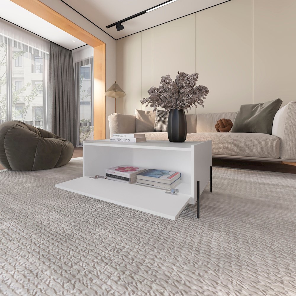 Glendale Coffee Table with Flip-Down Door in Melamine, White. Picture 3