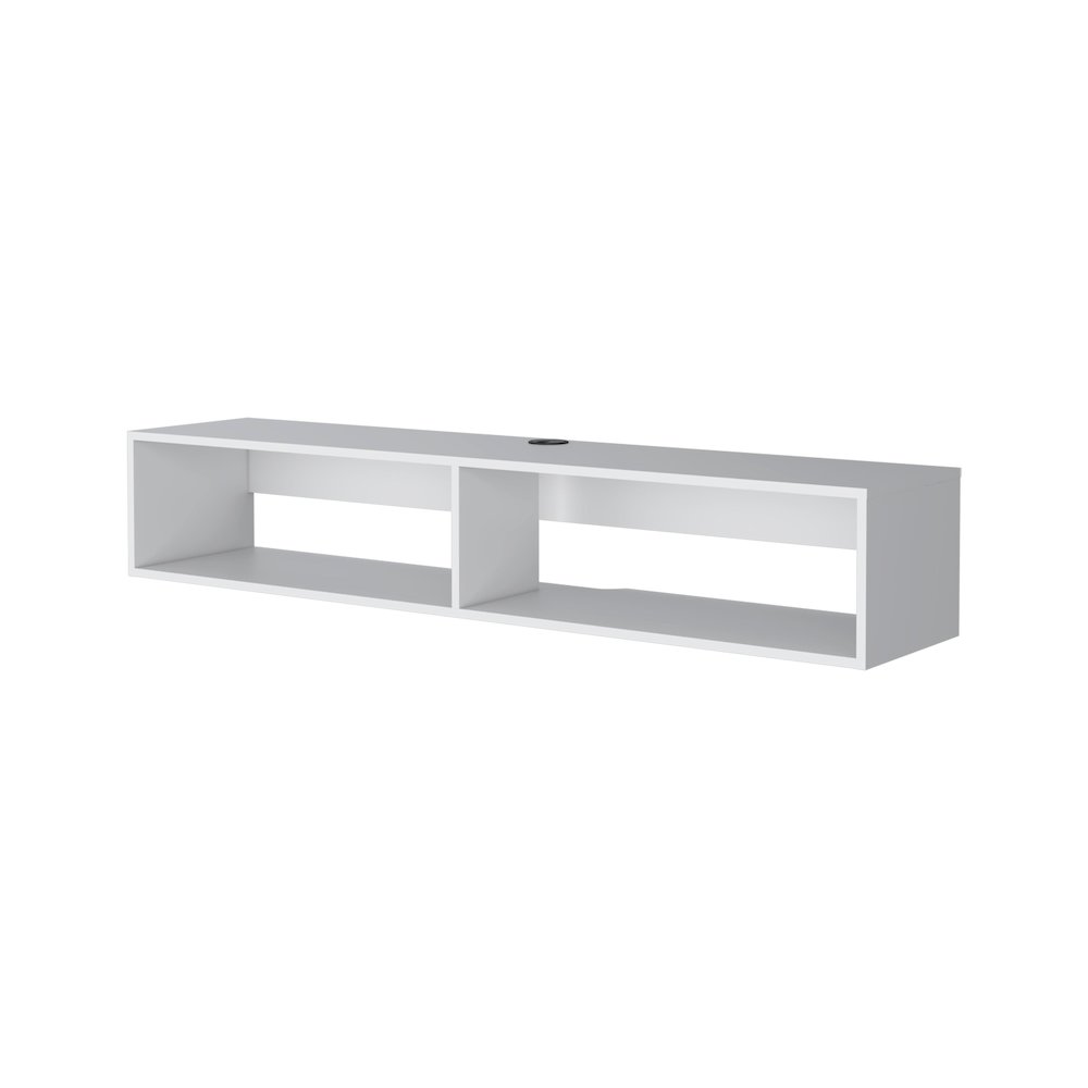 Central Floating media rack in melamine with two shelves,white. Picture 1