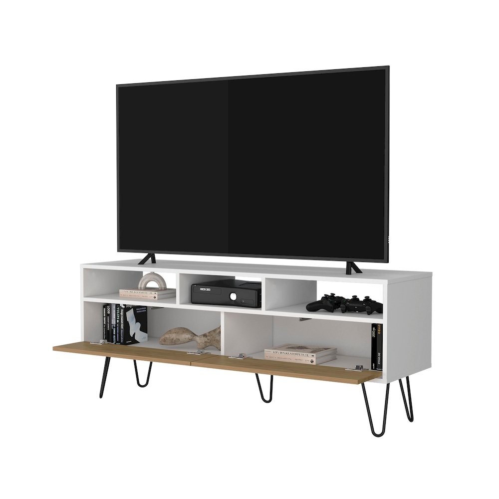 Olds TV Stand with 2 Doors and Open Storage, White and Natural Oak. Picture 5