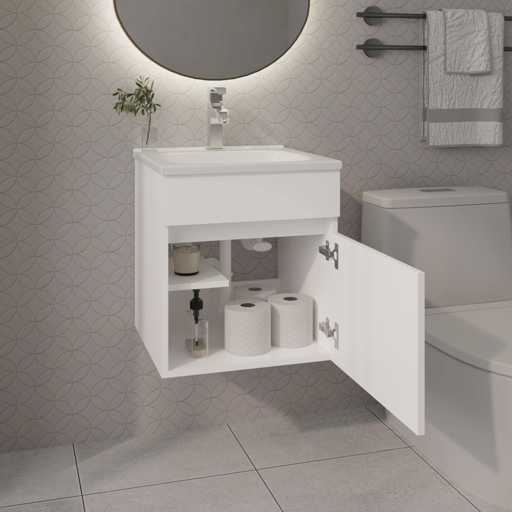 Belle Bathroom Floating Vanity with Sink, 1 Door, White. Picture 3