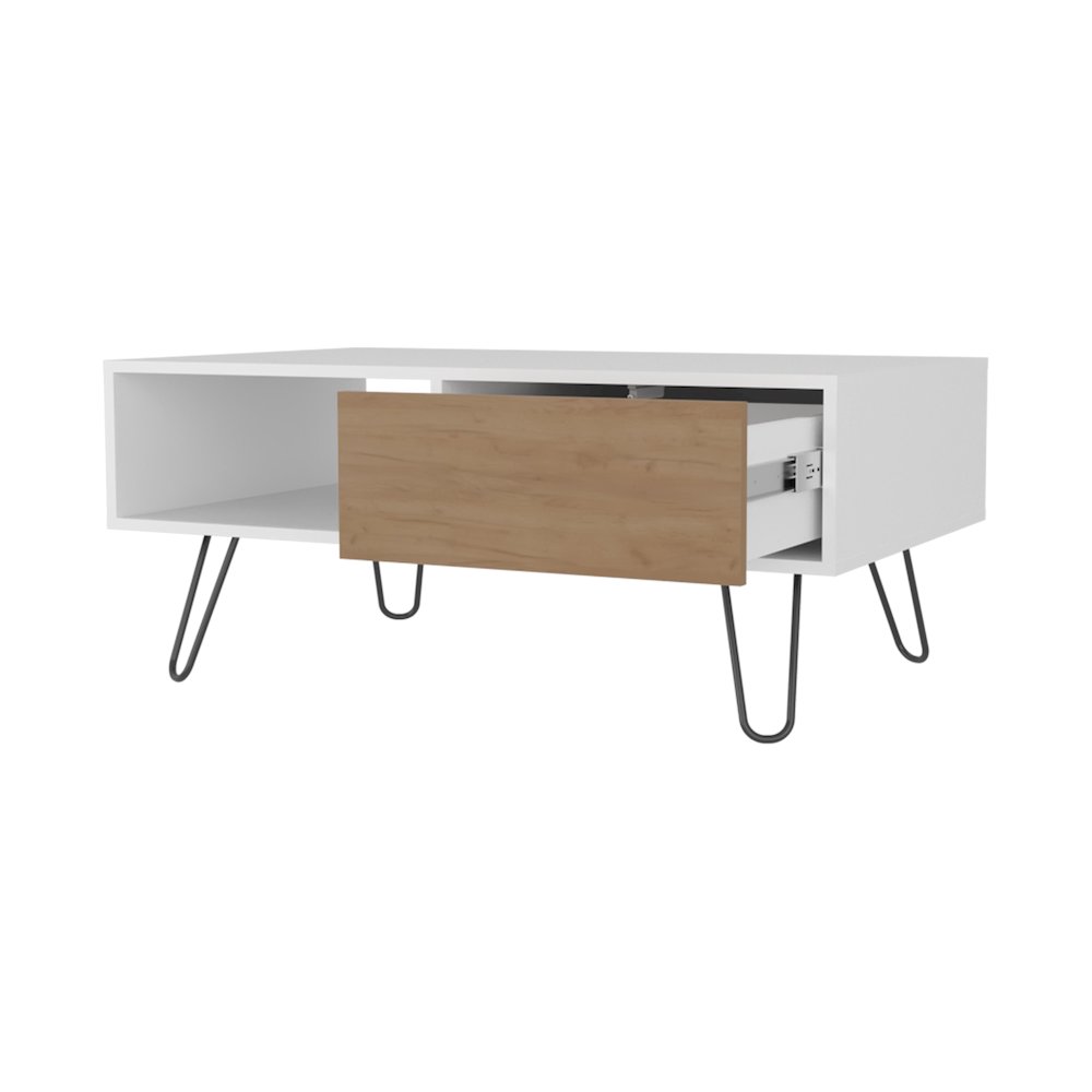 Gramling Coffee Table with a Drawer and Hairpin Legs, White + Natural Oak. Picture 6