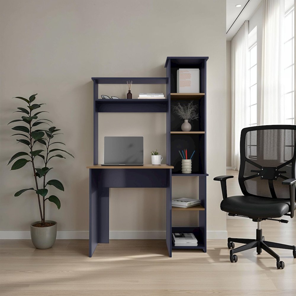 Computer Desk with Hutch and Side Bookshelf, Kronos Blue and Natural Oak. Picture 6