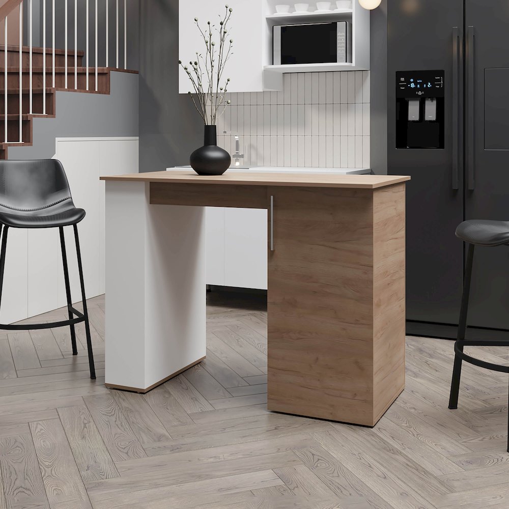 Vernon Kitchen Island with 1 Door and Open Storage, White and Natural Oak. Picture 4