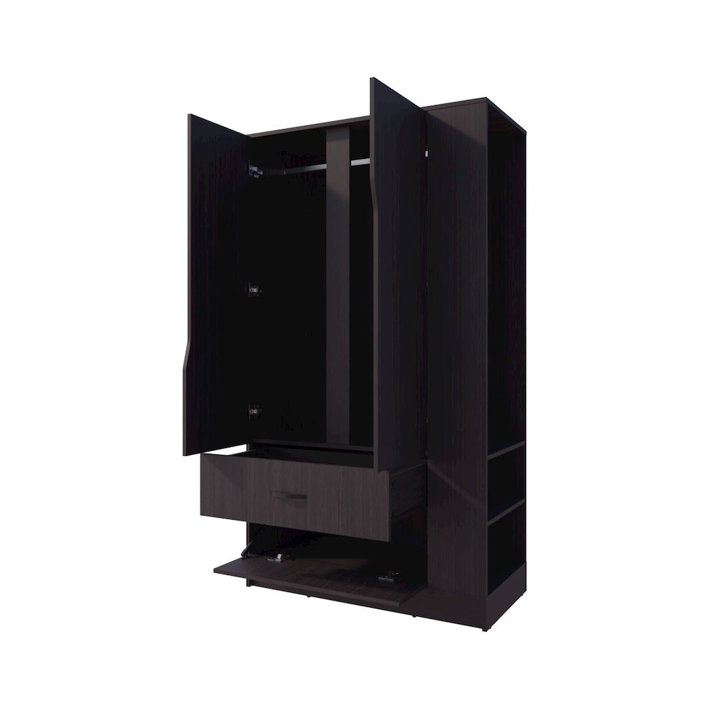Sehili Wardrobe, 3 Doors, 1 Drawer, Side Shelves, Hanging Rods, Wenge. Picture 2