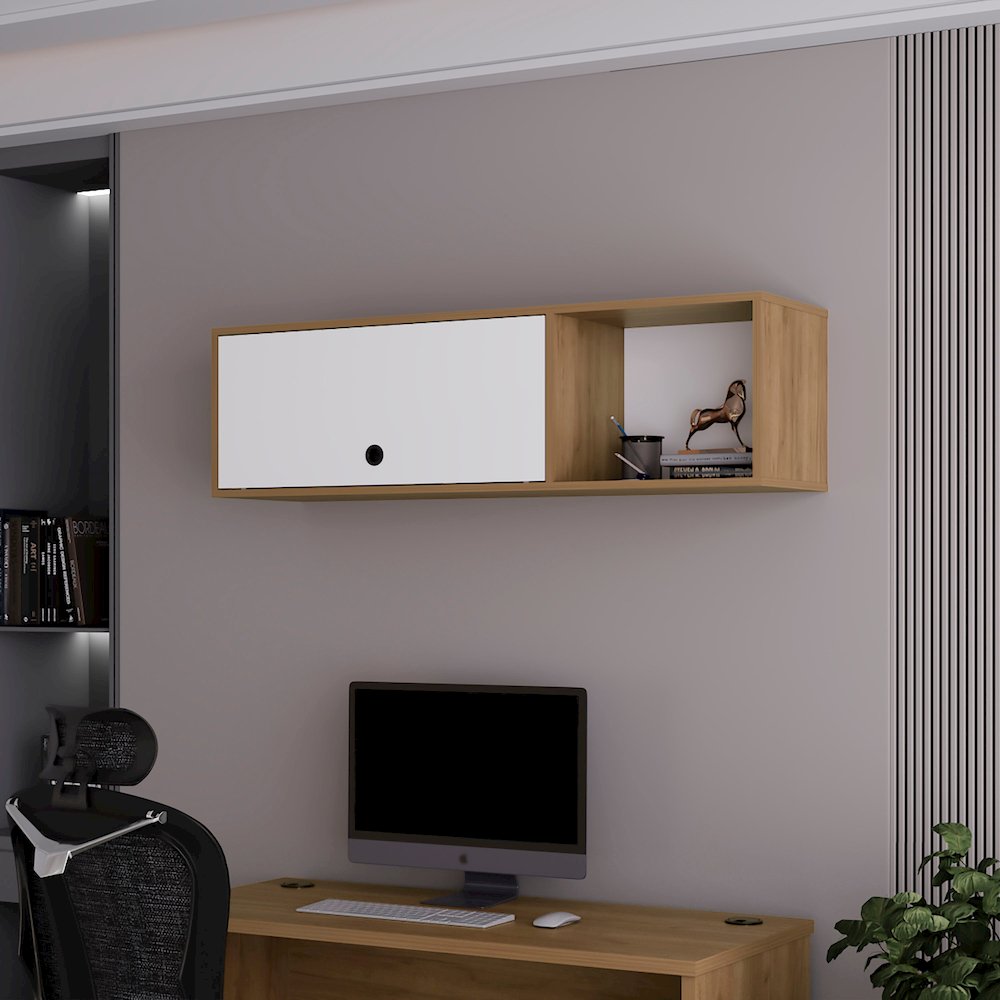 Wall-Mounted Cabinet with Lift-Up Door, Open Compartments, Natural Oak and White. Picture 4