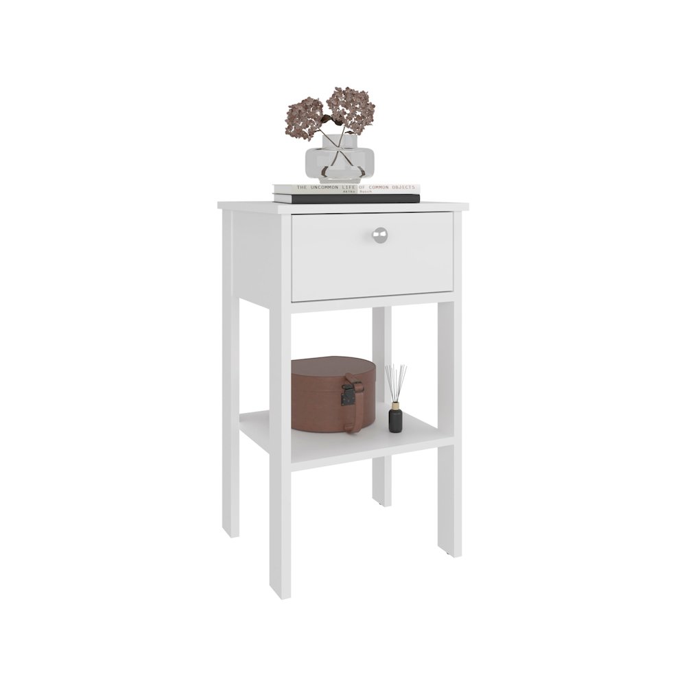 Shongopovi One Drawer Nightstand with Open Shelf, Compact Design, White. Picture 3