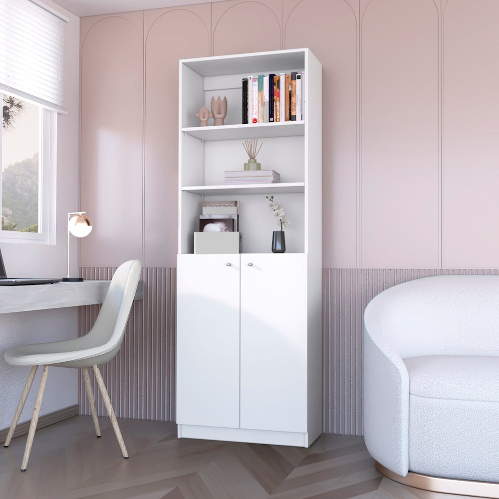 Sutton 2-Door Bookcase, Storage with Multi-Level Shelves, White. Picture 4