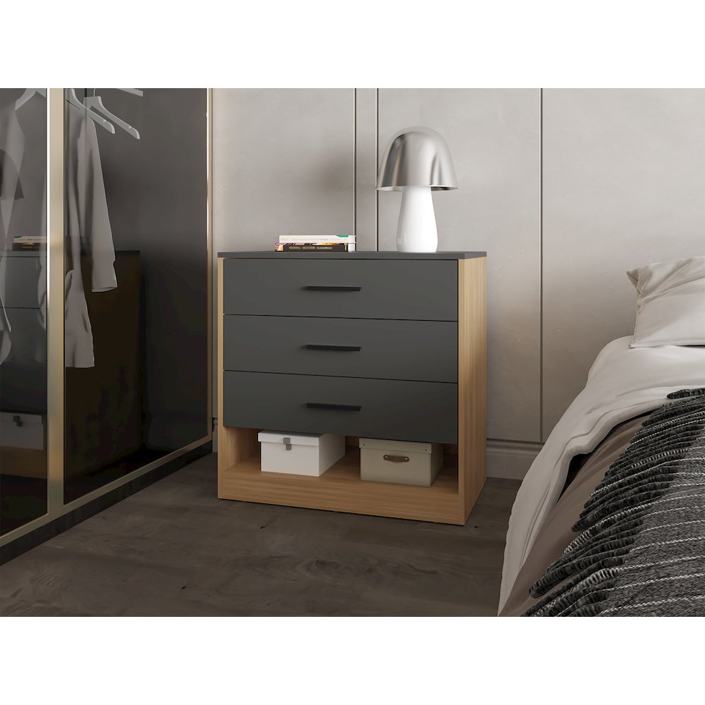 Lowrys Dresser with 3 Drawers and Open Shelf, Natural Oak and Matt Grey. Picture 4