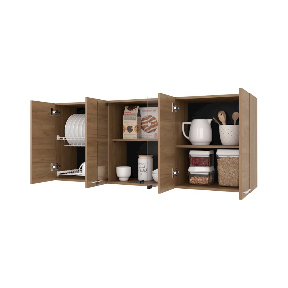 Wall Cabinet kitchen in Melamine wit 4 Doors  and Glass Storage, Natural Oak. Picture 5