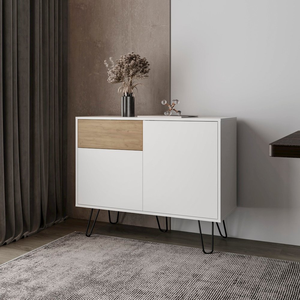 Red Rock Sideboard with Hairpin Legs, White and Natural Oak Finish. Picture 4