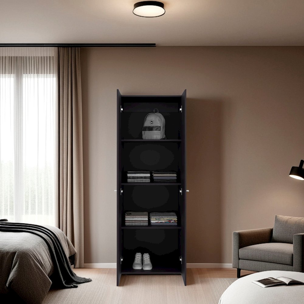 2-Door Wardrobe Cabinet, 4 Shelves, Vertical Storage, 66.9"H – Bedroom, Wenge. Picture 6