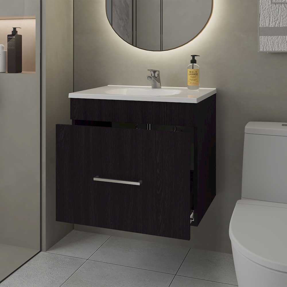 Story Floating Bathroom Vanity Set with Sink, One Drawer Wengue. Picture 3