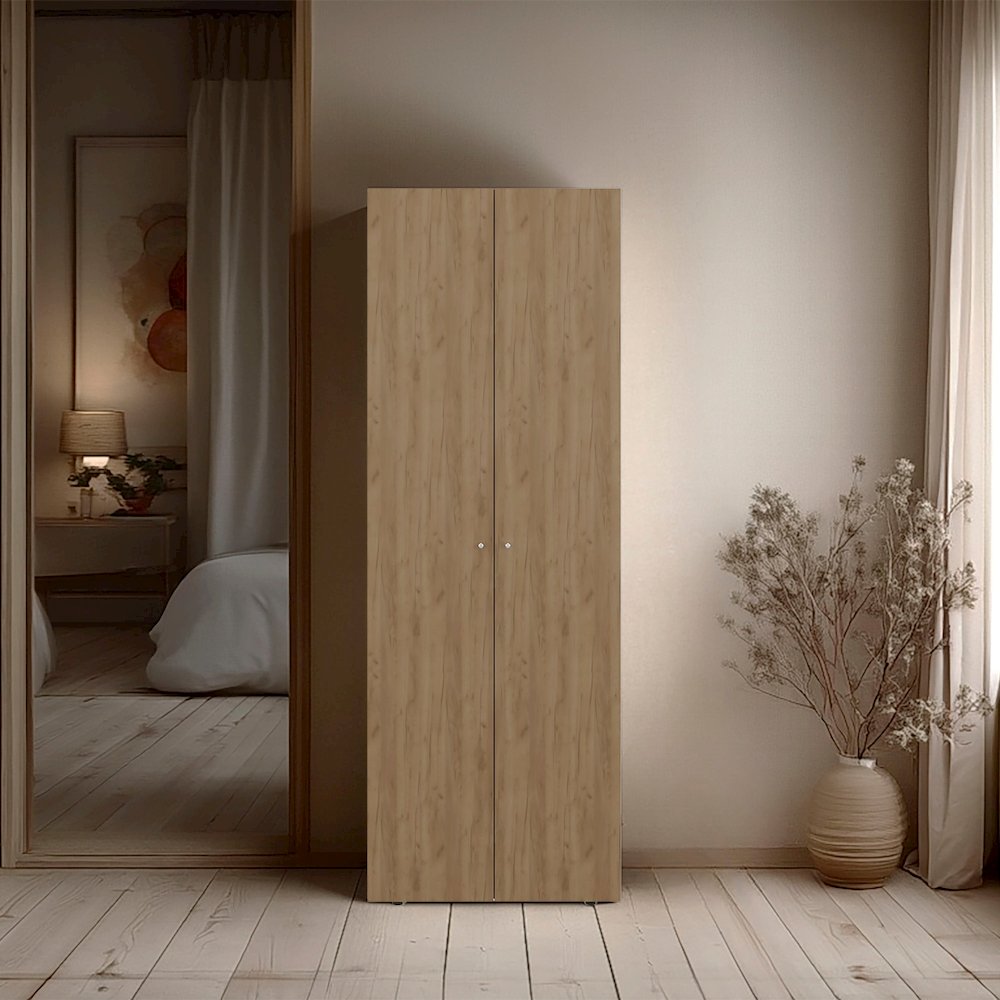 Basin  2-Door Tall Wardrobe Cabinet 66.9"H,  Bedroom, Natural Oak. Picture 5
