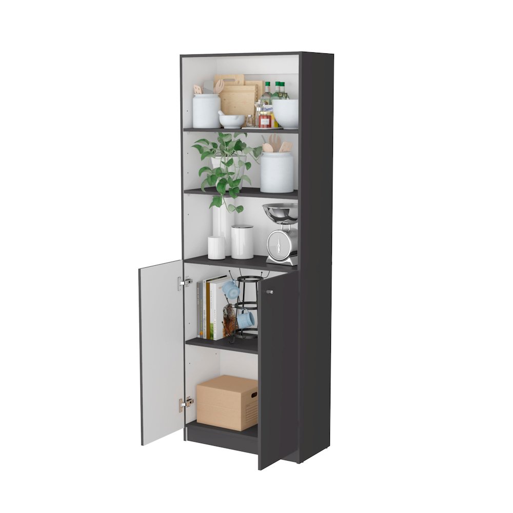 Sutton 2-Door Bookcase, Storage with Multi-Level Shelves, Matt Gray / White. Picture 7