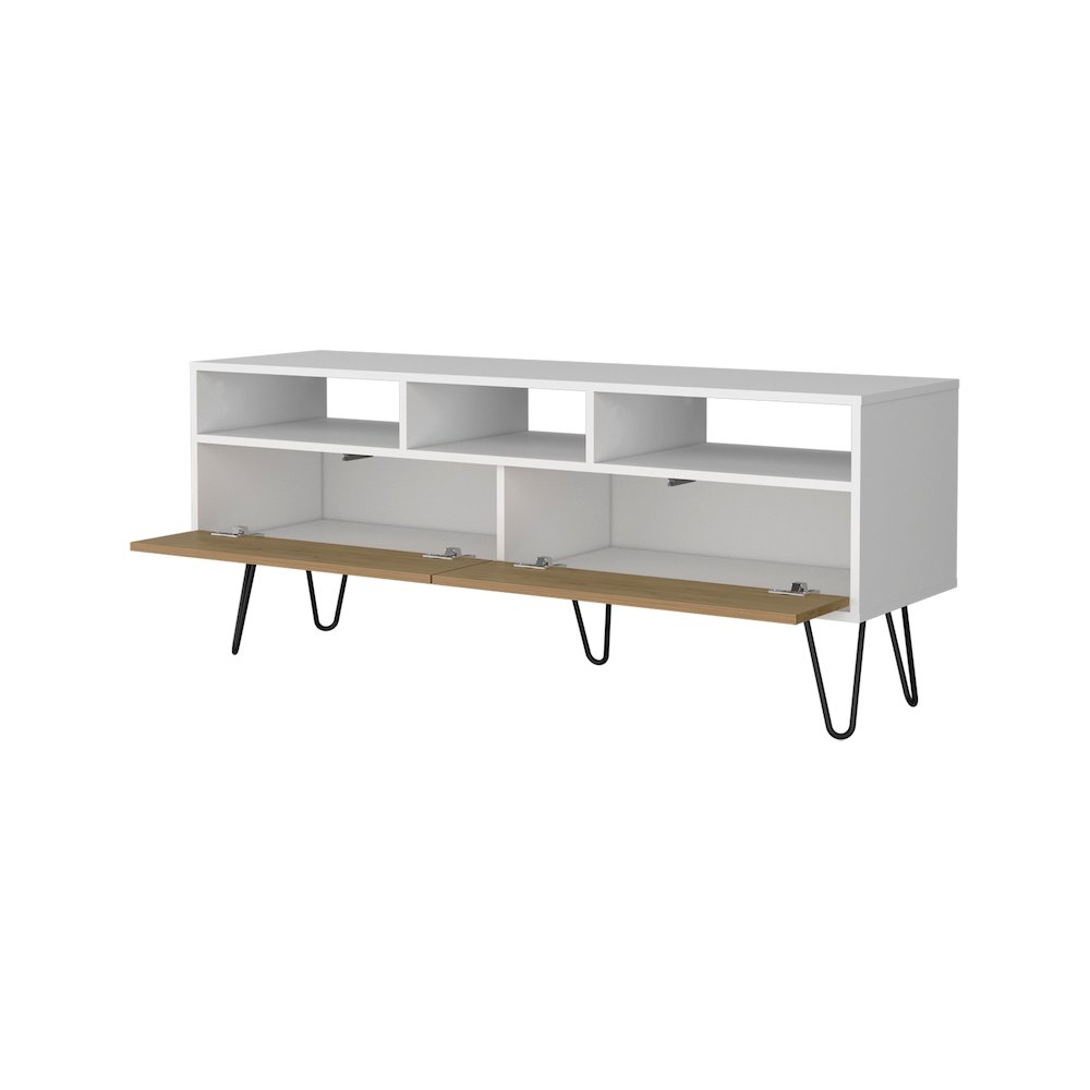 Olds TV Stand with 2 Doors and Open Storage, White and Natural Oak. Picture 6