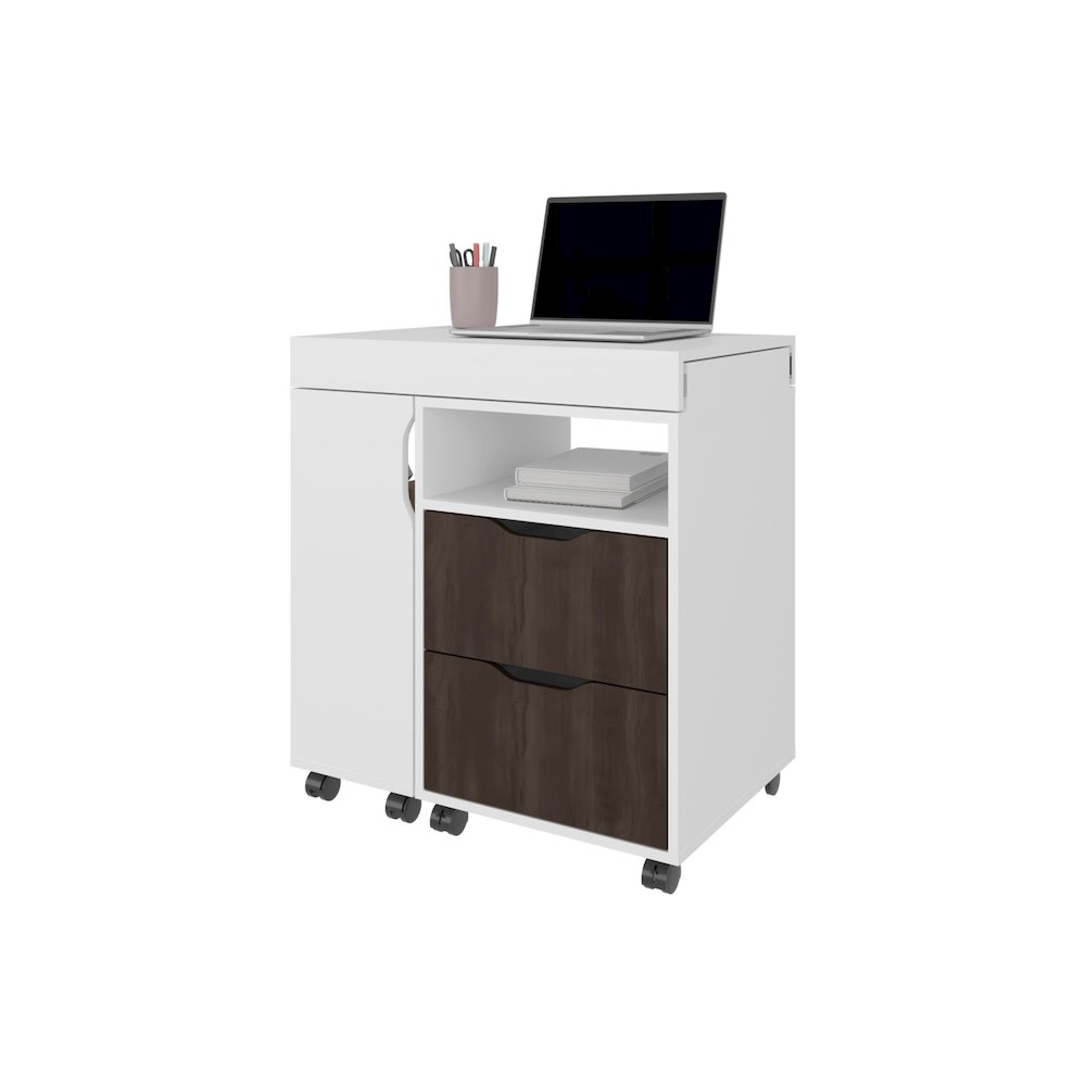 Loris Extendable Desk with Two Drawers, Open Shelves, and Sliding Mechanism. Picture 1