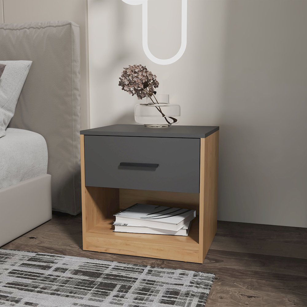 Solomon Nightstand with a Drawer, Natural Oak and Matt Grey. Picture 4