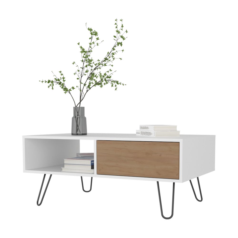 Gramling Coffee Table with a Drawer and Hairpin Legs, White + Natural Oak. Picture 8