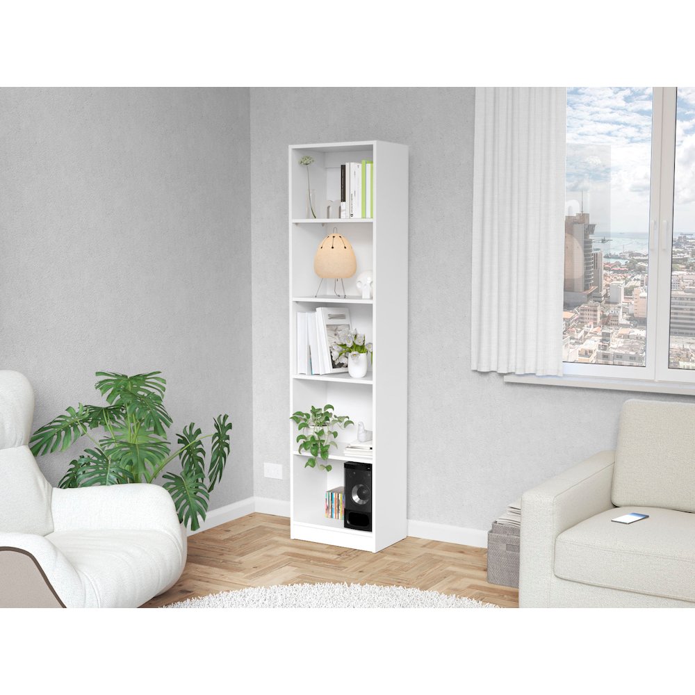 Sutton Slim Bookcase with Modern 5-Shelf Design, White. Picture 3