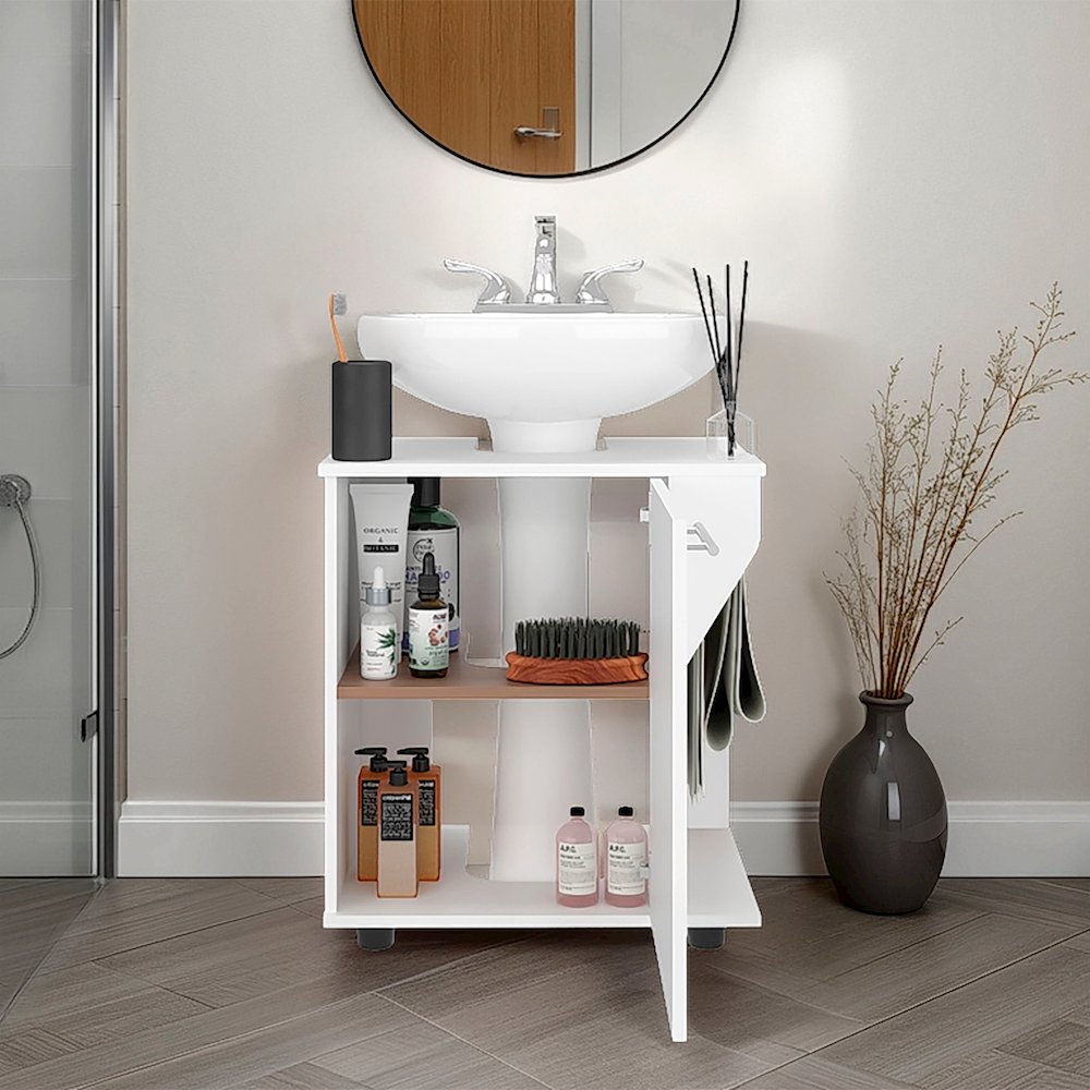 Bend Under Sink Storage Cabinet, Compact Design, with Two Shelves, White. Picture 5