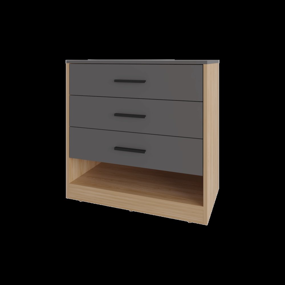 Lowrys Dresser with 3 Drawers and Open Shelf, Natural Oak and Matt Grey. Picture 1