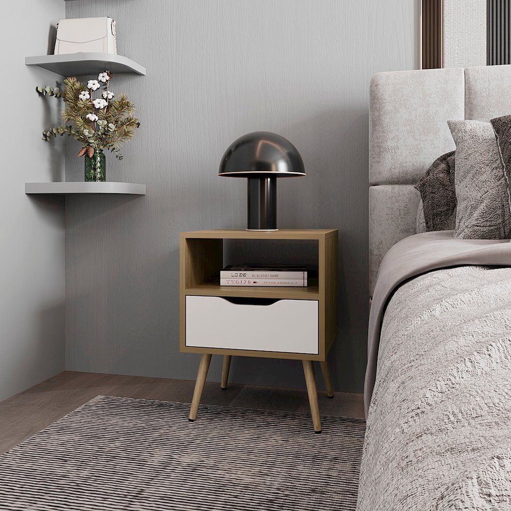 Prescott Valley Nightstand with Open Storage, Natural Oak and White. Picture 4