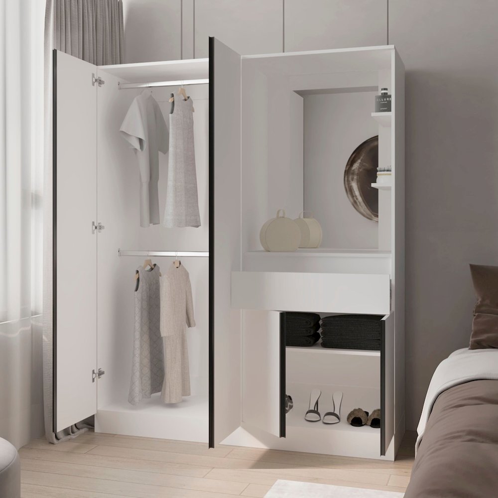 CaneMulti-Functional Wardrobe with Vanity Mirror and Storage, White. Picture 8