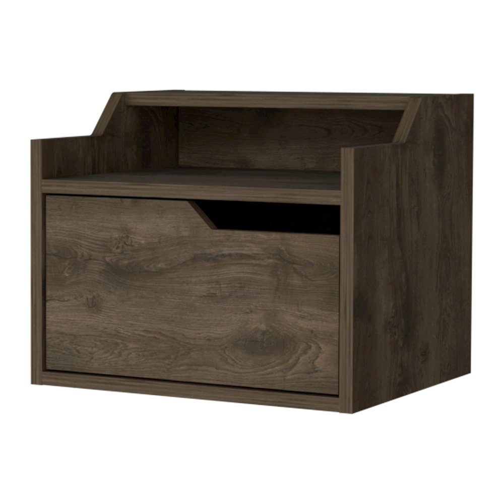 Florence Floating Nightstand with Drawer and Dual-Shelf Display, Dark Brown. Picture 1