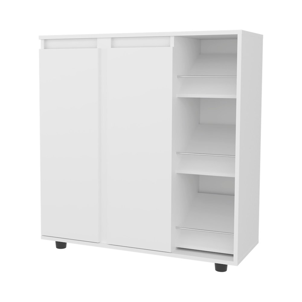 Shoe Storage Cabinet, 2 Doors, 8  Enclosed Shelves, 3 Open Side Shelves, White. Picture 1