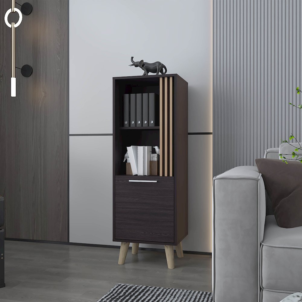 Ac Chin Storage Cabinet with a Door and Open Storage, Wengue + Natural Oak. Picture 4